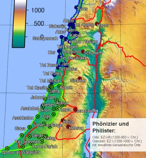 Palästina zur Eisenzeit I / Richterzeit (12.-10. Jhd. v. Chr.). Eingezeichnet sind bei Phöniziern und Philistern nur bedeutendere Städte und Grenzorte.